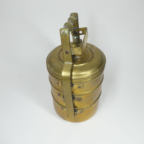 Tiffin Box Indian Brass Vintage Food Carrier 3 Compartment Stacking w/Handle - Picture 7 of 12